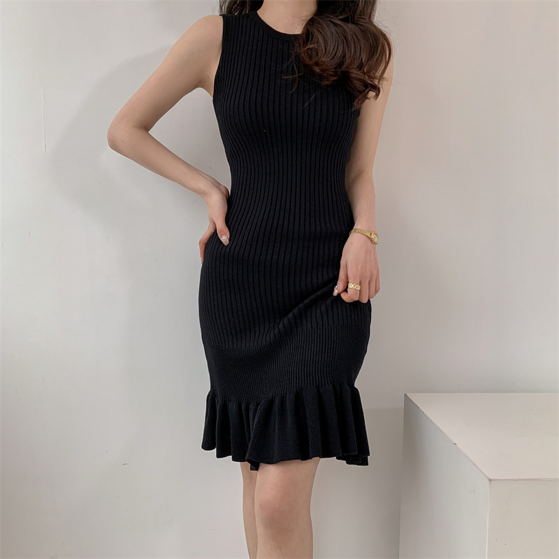 Stella Fashion Lotus leaf Solid Color Knitted Summer Dress New Style Slim-Fit Sleeveless Knitted Hip Dress