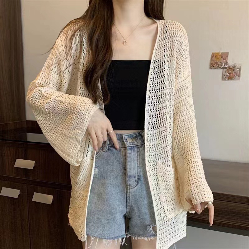[Stella Fashion] Women's hallow sun protection sweater women thin sling knitted cardigan