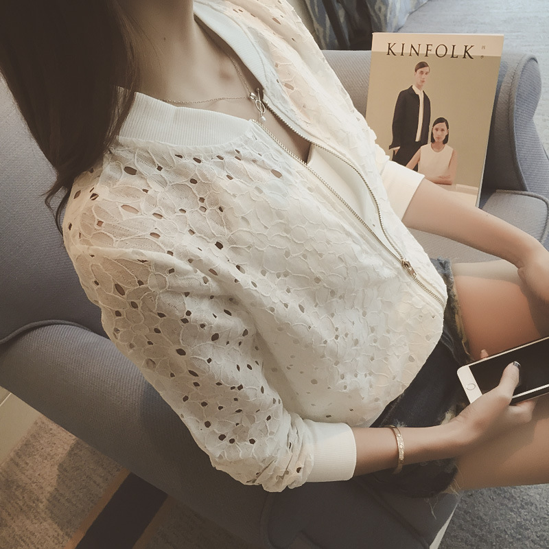 [Stella Fashion] Summer new Korean version of the thin long-sleeved lace sunscreen clothing women's short zipper jacket-Stella's Fashion