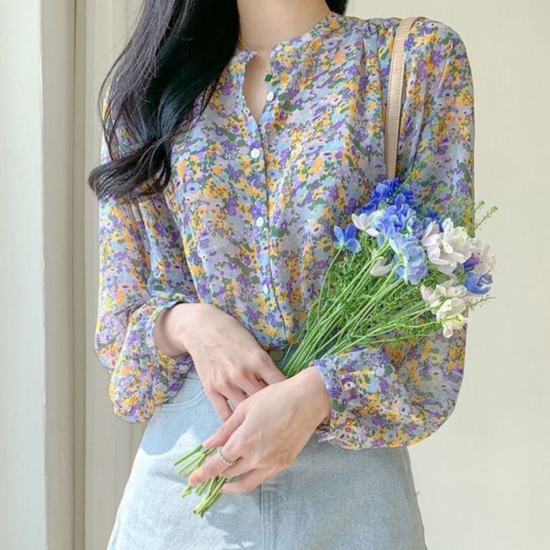 Stella Fashion Floral Chiffon Shirt Women's Long-Sleeved Printed Casual Comfortable Blouse