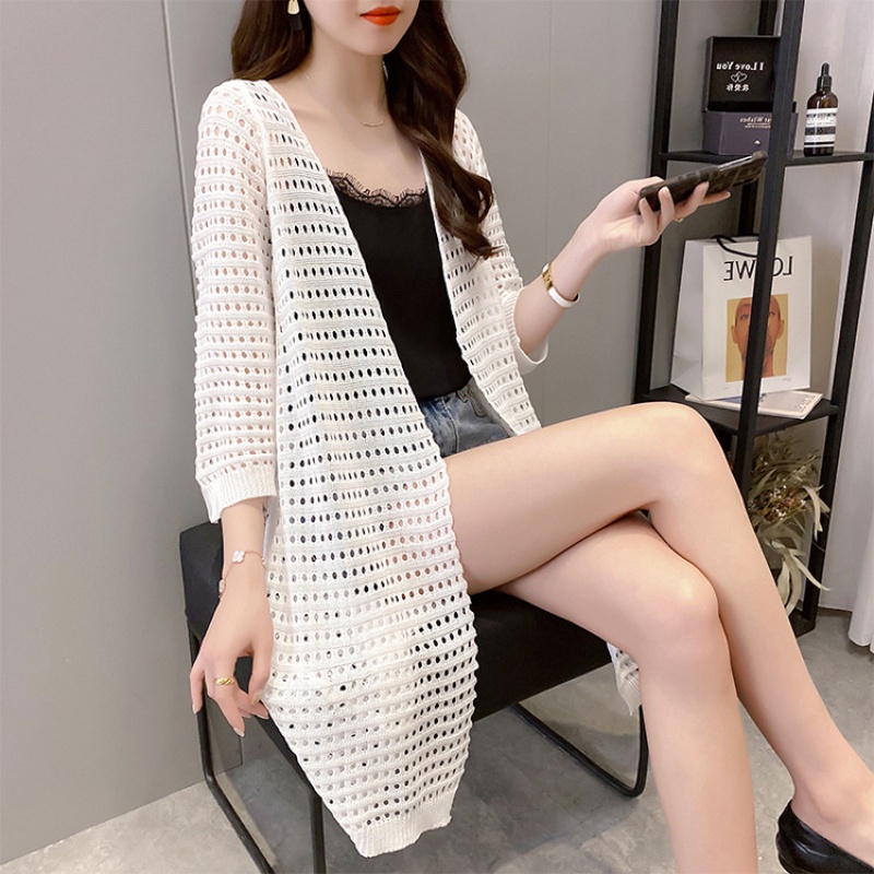 Stella Fashion Ice Silk Women's Knitted Coat Fashion Korean version women Thin loose Cardigan Mid-Length Sweater with Hallow Design-Stella's Fashion
