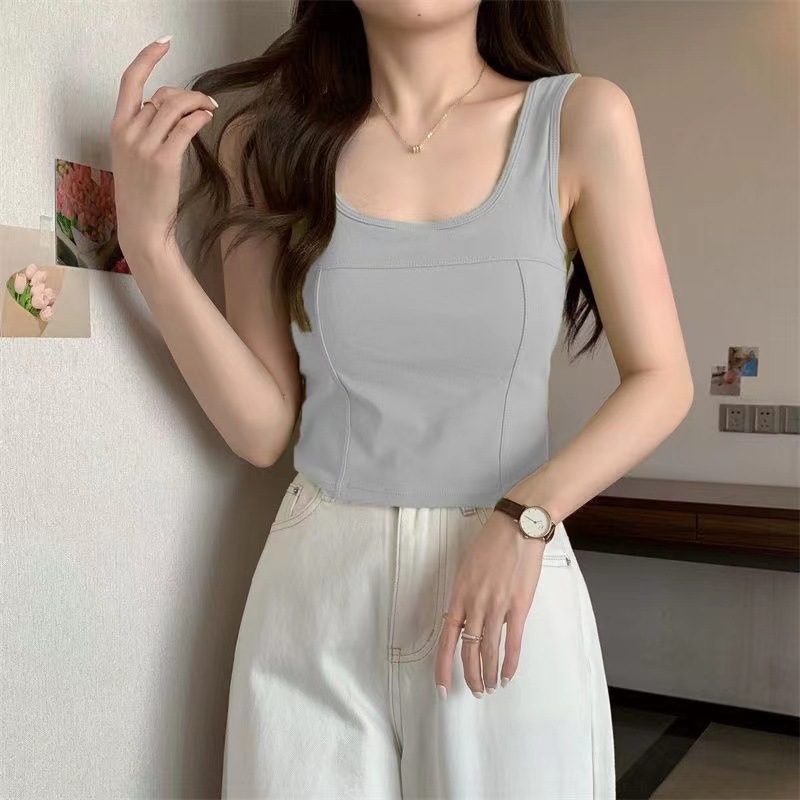 Stella Fashion Women Sleeveless Camisole inner tank top with padded Fixed Cup Cotton Singlet Wide Shoulder Straps Big U