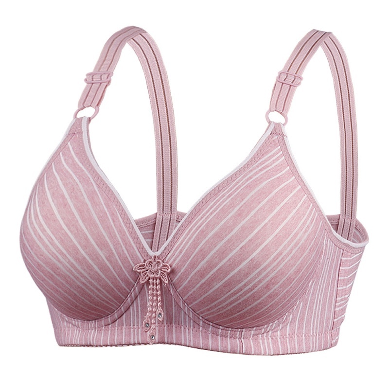 Stella Fashion Middle-aged and elderly skin-friendly cotton striped printed bra without steel ring thin cotton small chest gathered breathable cotton mother underwear bra