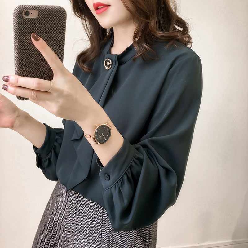 Stella Fashion Korean Version Women's Chiffon Blouse Solid Color Shirt Loose Long Sleeve Office Wear-Stella's Fashion