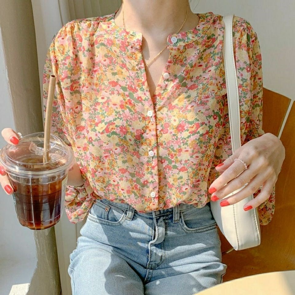 Stella Fashion Floral Chiffon Shirt Women's Long-Sleeved Printed Casual Comfortable Blouse