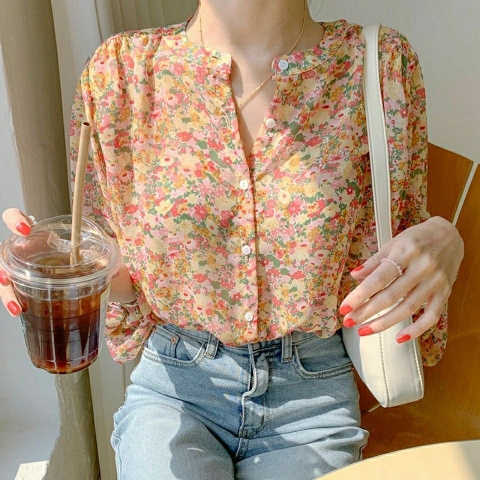 Stella Fashion Floral Chiffon Shirt Women's Long-Sleeved Printed Casua