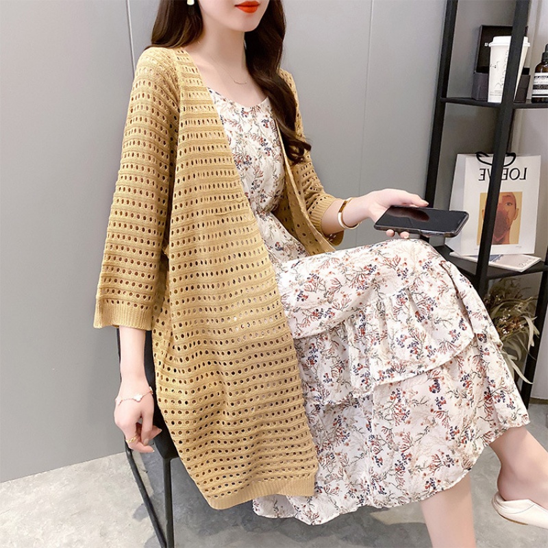 Stella Fashion Ice Silk Women's Knitted Coat Fashion Korean version women Thin loose Cardigan Mid-Length Sweater with Hallow Design-Stella's Fashion