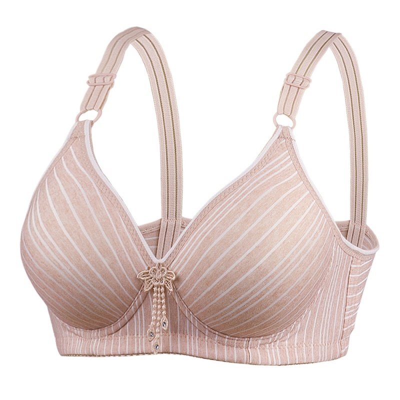 Stella Fashion Middle-aged and elderly skin-friendly cotton striped printed bra without steel ring thin cotton small chest gathered breathable cotton mother underwear bra
