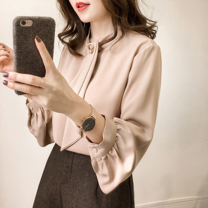 Stella Fashion Korean Version Women's Chiffon Blouse solid Color Shirt Loose Long Sleeve Office Wear