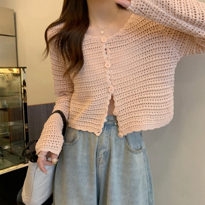 [Stella Fashion]  Summer New Hollow Knitted Cardigan Women's Long-Sleeved Outer Sunscreen Mesh Small Blouse Jacket Short Top .-Stella's Fashion