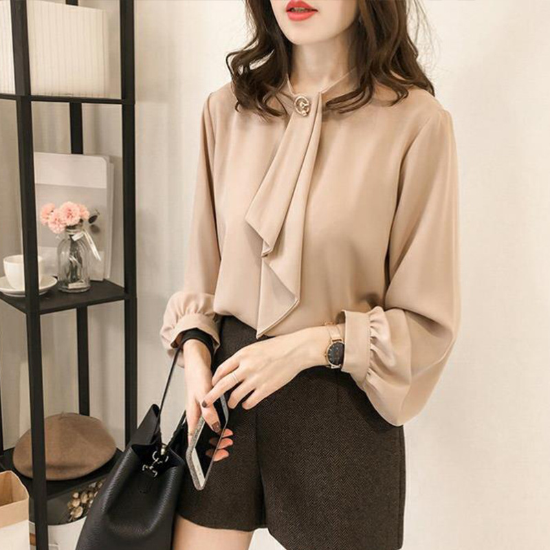Stella Fashion Korean Version Women's Chiffon Blouse Solid Color Shirt Loose Long Sleeve Office Wear-Stella's Fashion