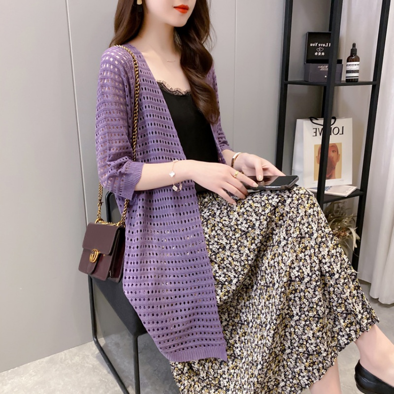 Stella Fashion Ice Silk Women's Knitted Coat Fashion Korean version women Thin loose Cardigan Mid-Length Sweater with Hallow Design-Stella's Fashion