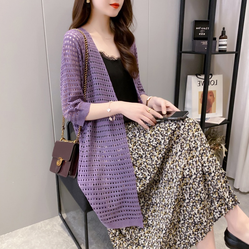 Stella Fashion Ice Silk Women's Knitted Coat Fashion Korean version women Thin loose Cardigan Mid-Length Sweater with Hallow Design-Stella's Fashion
