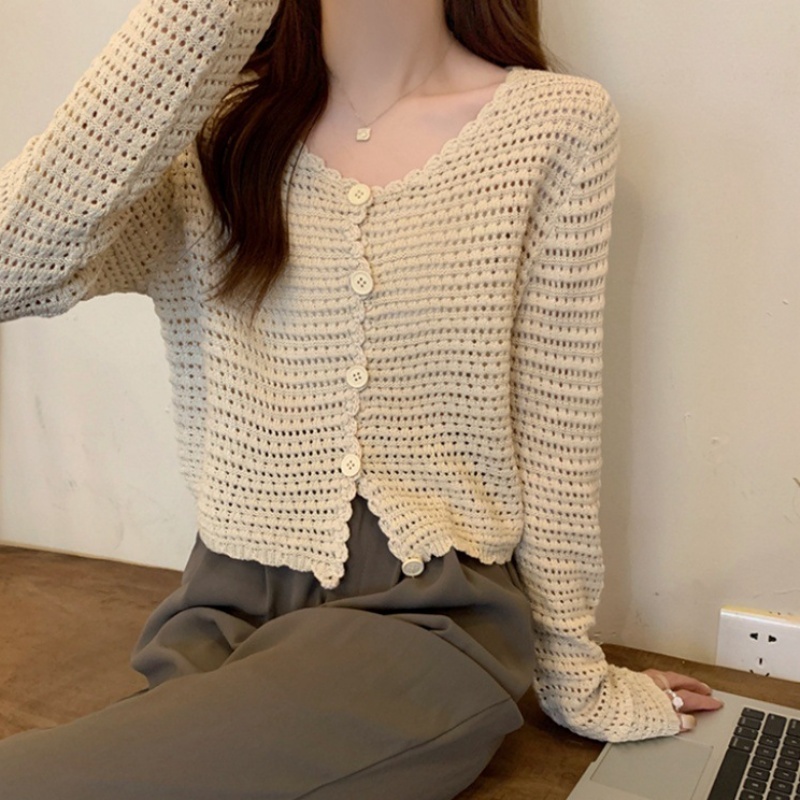 [Stella Fashion]  Summer New Hollow Knitted Cardigan Women's Long-Sleeved Outer Sunscreen Mesh Small Blouse Jacket Short Top .-Stella's Fashion