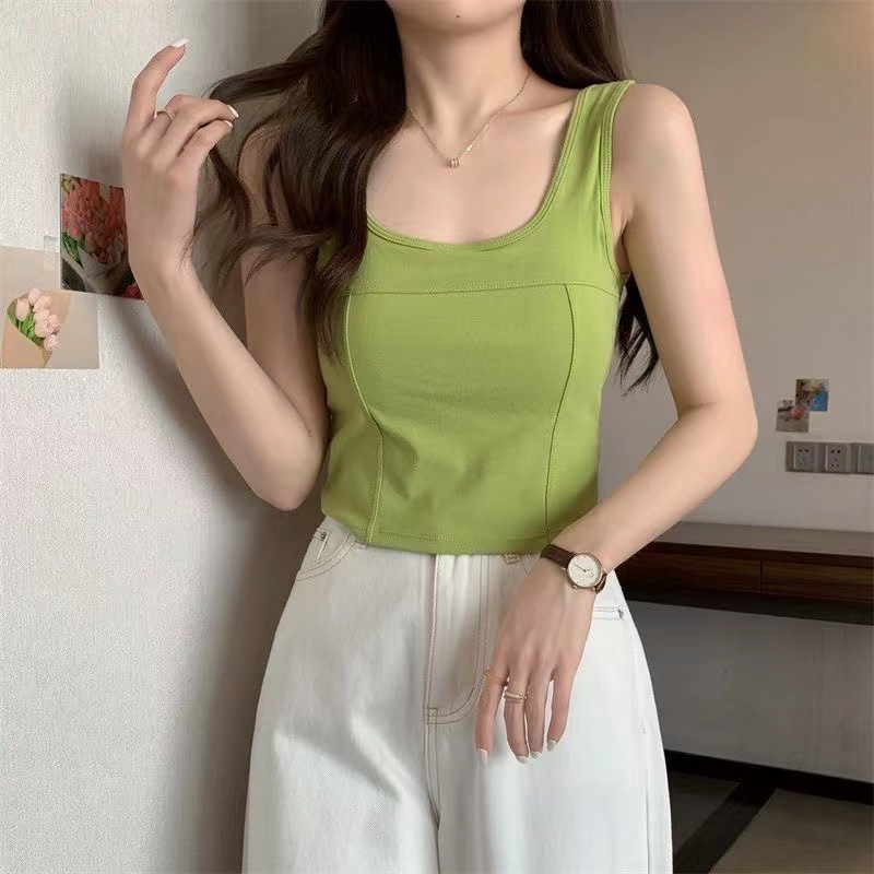 Stella Fashion Women Sleeveless Camisole inner tank top with padded Fixed Cup Cotton Singlet Wide Shoulder Straps Big U