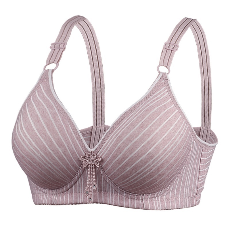 Stella Fashion Middle-aged and elderly skin-friendly cotton striped printed bra without steel ring thin cotton small chest gathered breathable cotton mother underwear bra