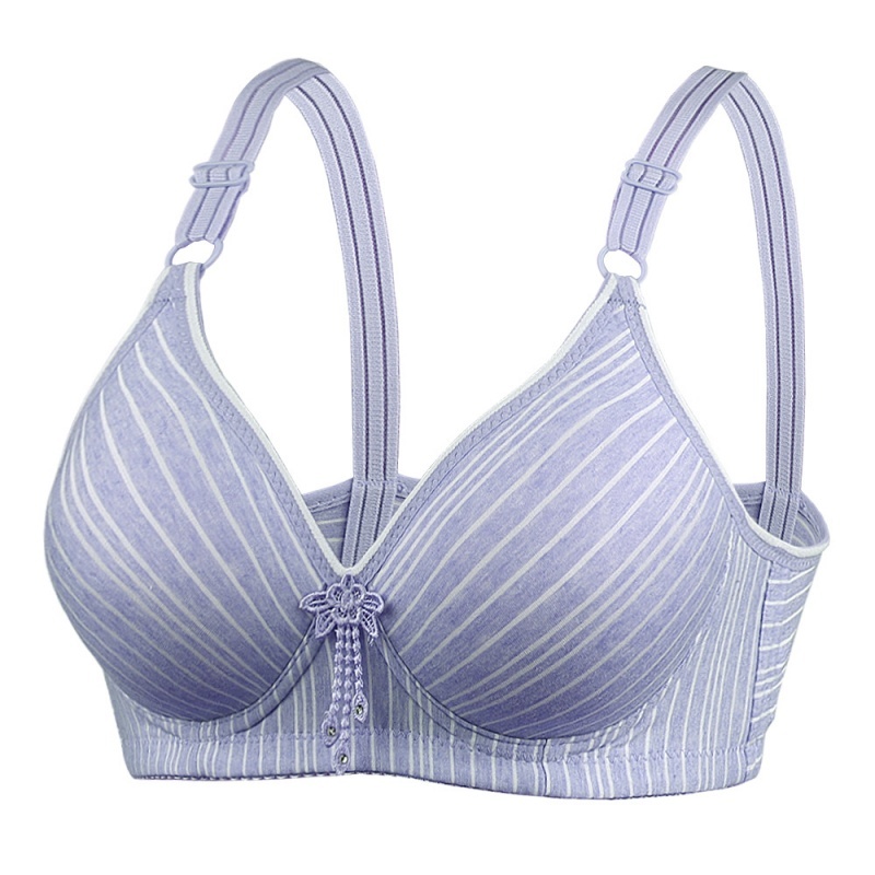 Stella Fashion Middle-aged and elderly skin-friendly cotton striped printed bra without steel ring thin cotton small chest gathered breathable cotton mother underwear bra