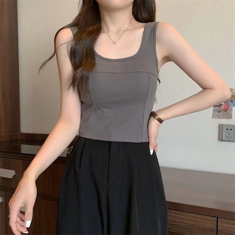 Stella Fashion Women Sleeveless Camisole inner tank top with padded Fixed Cup Cotton Singlet Wide Shoulder Straps Big U