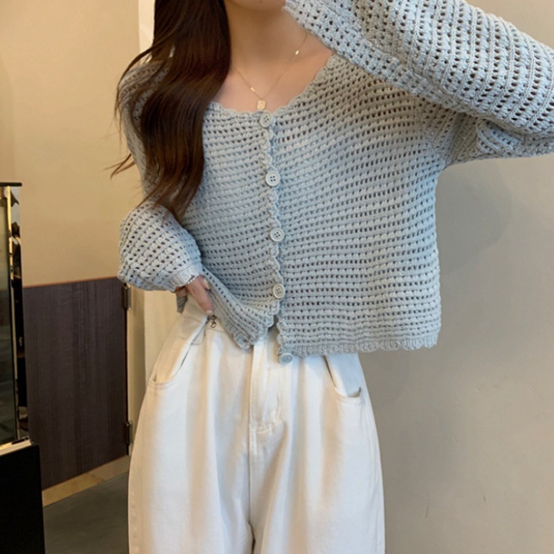 [Stella Fashion]  Summer New Hollow Knitted Cardigan Women's Long-Sleeved Outer Sunscreen Mesh Small Blouse Jacket Short Top .-Stella's Fashion