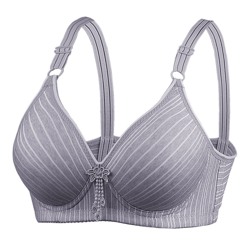 Stella Fashion Middle-aged and elderly skin-friendly cotton striped printed bra without steel ring thin cotton small chest gathered breathable cotton mother underwear bra