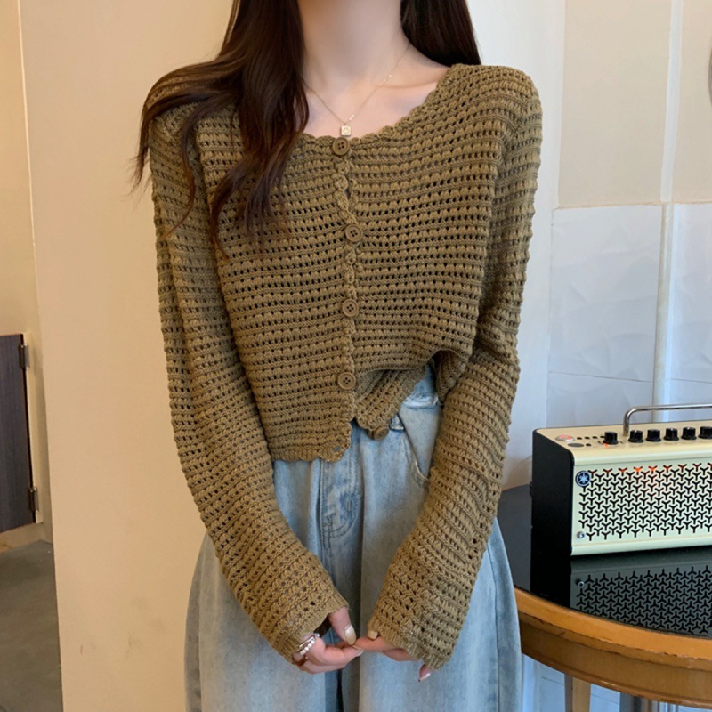 [Stella Fashion]  Summer New Hollow Knitted Cardigan Women's Long-Sleeved Outer Sunscreen Mesh Small Blouse Jacket Short Top .-Stella's Fashion