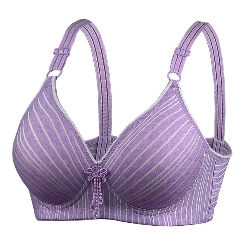 Stella Fashion Middle-aged and elderly skin-friendly cotton striped printed bra without steel ring thin cotton small chest gathered breathable cotton mother underwear bra