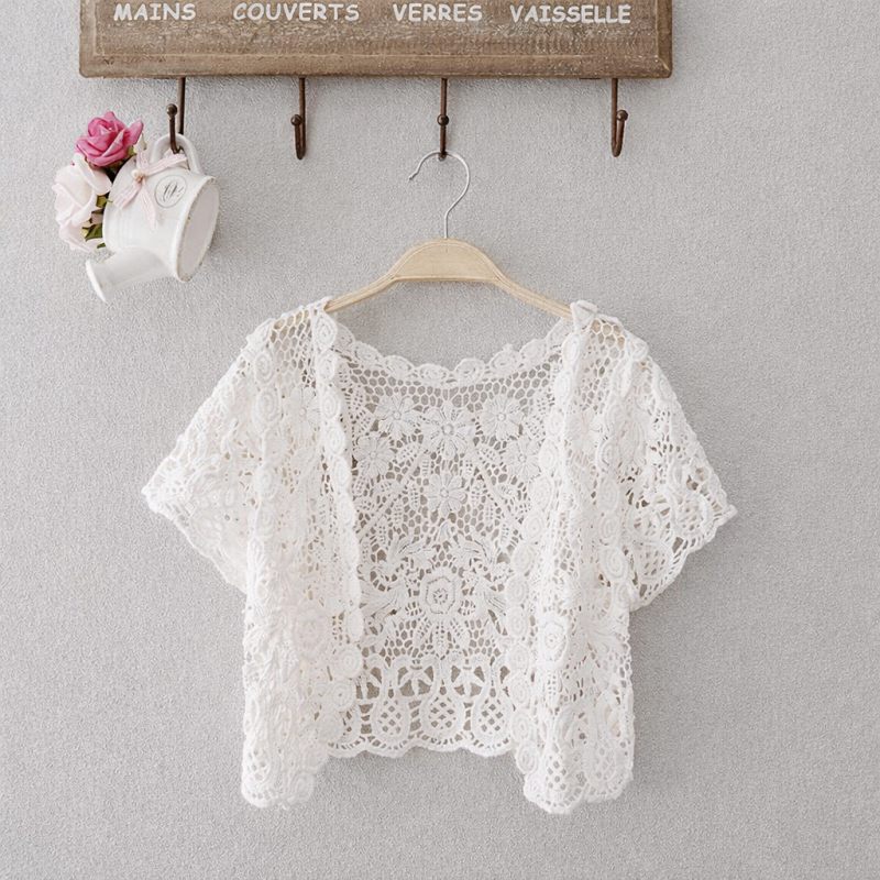 Stella Fashion Women Floral Lace Cardigan Crochet Hollow Out Short Sleeve Summer Cover Up Shrug Top