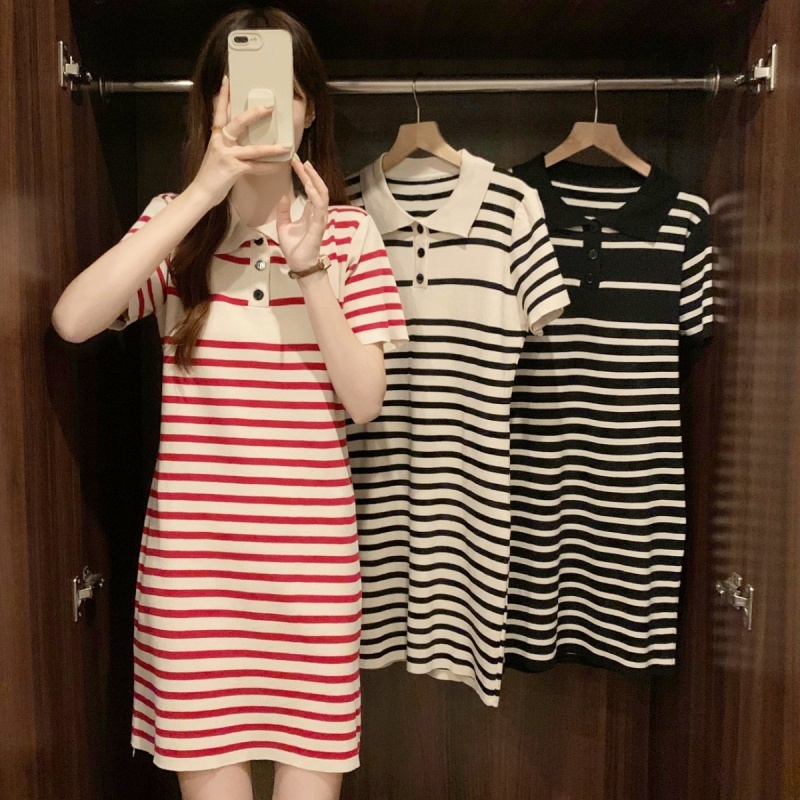 Stella Fashion Women’s Short Sleeve Polo Dress, Striped A-Line Skirt, Casual Korean Fashion