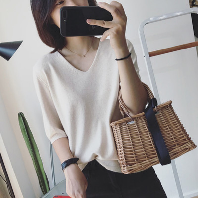 Stella Fashion Women’s V-Neck Knit Top – Slim Fit Short Sleeve Tee | Elegant & Easy Match for Work or Casual