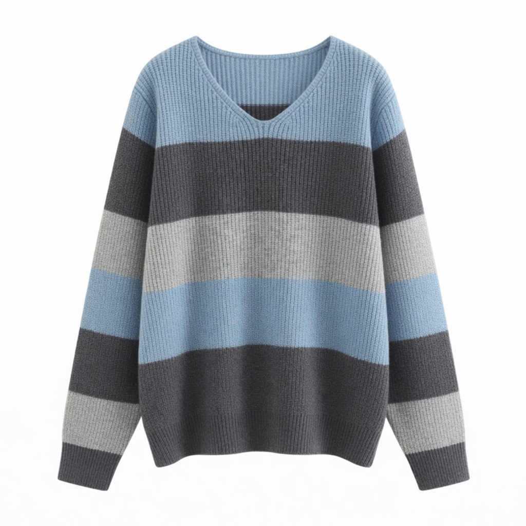 Stella Fashion Korean Style Color Block Chenille Knit Sweater | Soft Loose Fit V-Neck Pullover Top (Free Size)