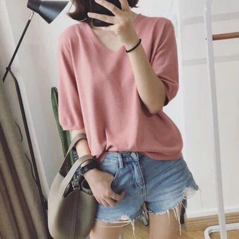 Stella Fashion Women’s V-Neck Knit Top – Slim Fit Short Sleeve Tee | Elegant & Easy Match for Work or Casual