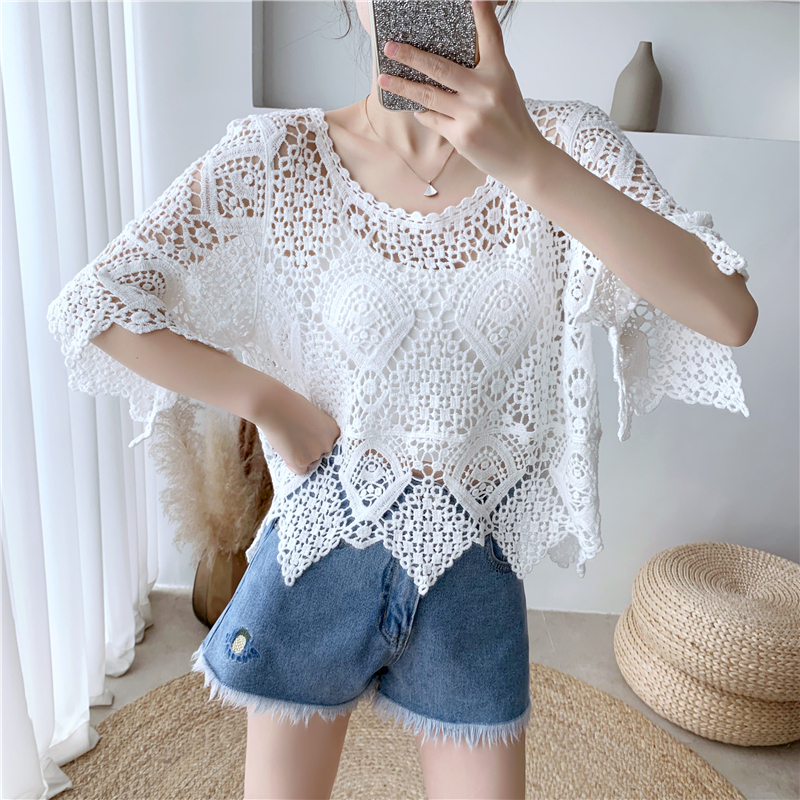 [Stella Fashion] women's short-sleeved shawl summer blouse  crocheted hollow top with western style small shirt sweater-Stella's Fashion