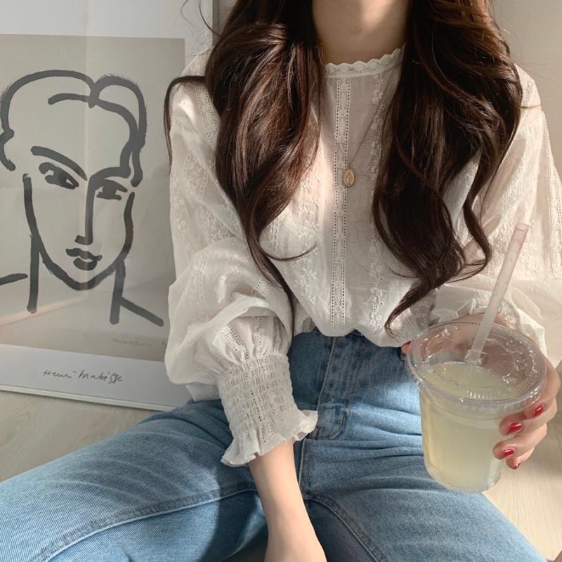 Stella Fashion Korean Style Women Ladies Loose Lace Cotton Round Neck Puff Long Sleeve Shirt Blouse-Stella's Fashion