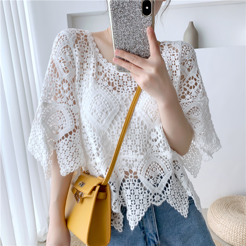 [Stella Fashion] women's short-sleeved shawl summer blouse  crocheted hollow top with western style small shirt sweater-Stella's Fashion