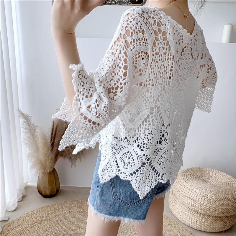 [Stella Fashion] women's short-sleeved shawl summer blouse  crocheted hollow top with western style small shirt sweater-Stella's Fashion