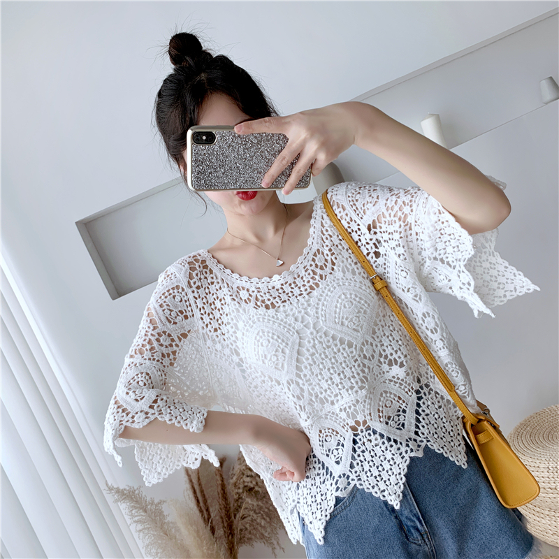 [Stella Fashion] women's short-sleeved shawl summer blouse  crocheted hollow top with western style small shirt sweater-Stella's Fashion
