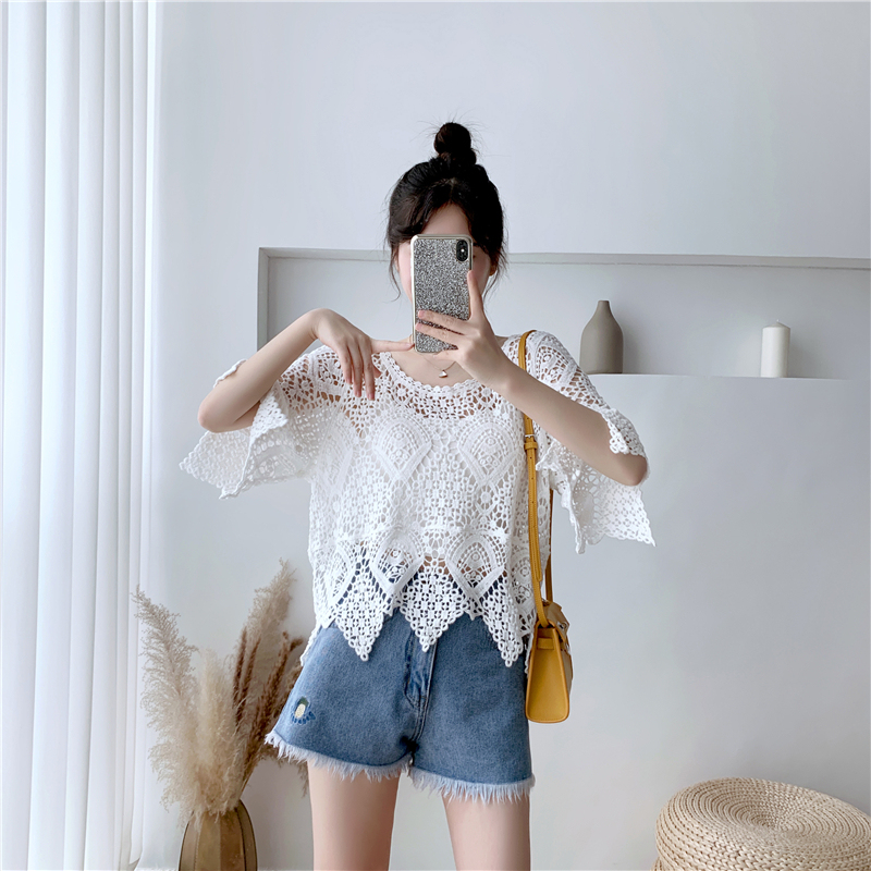 [Stella Fashion] women's short-sleeved shawl summer blouse  crocheted hollow top with western style small shirt sweater-Stella's Fashion