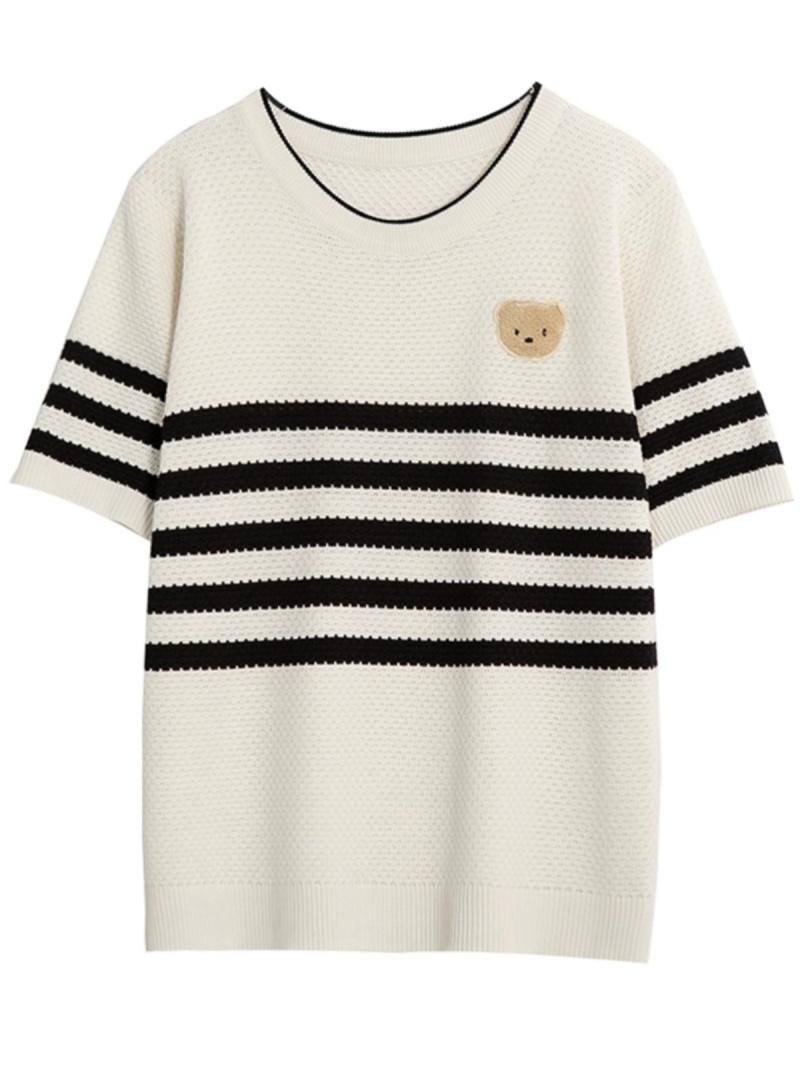 Sella Fashion  Women's Short Sleeve Round Neck Summer Top | Casual Korean Fashion | Cute Bear Patch Striped Knit Tee
