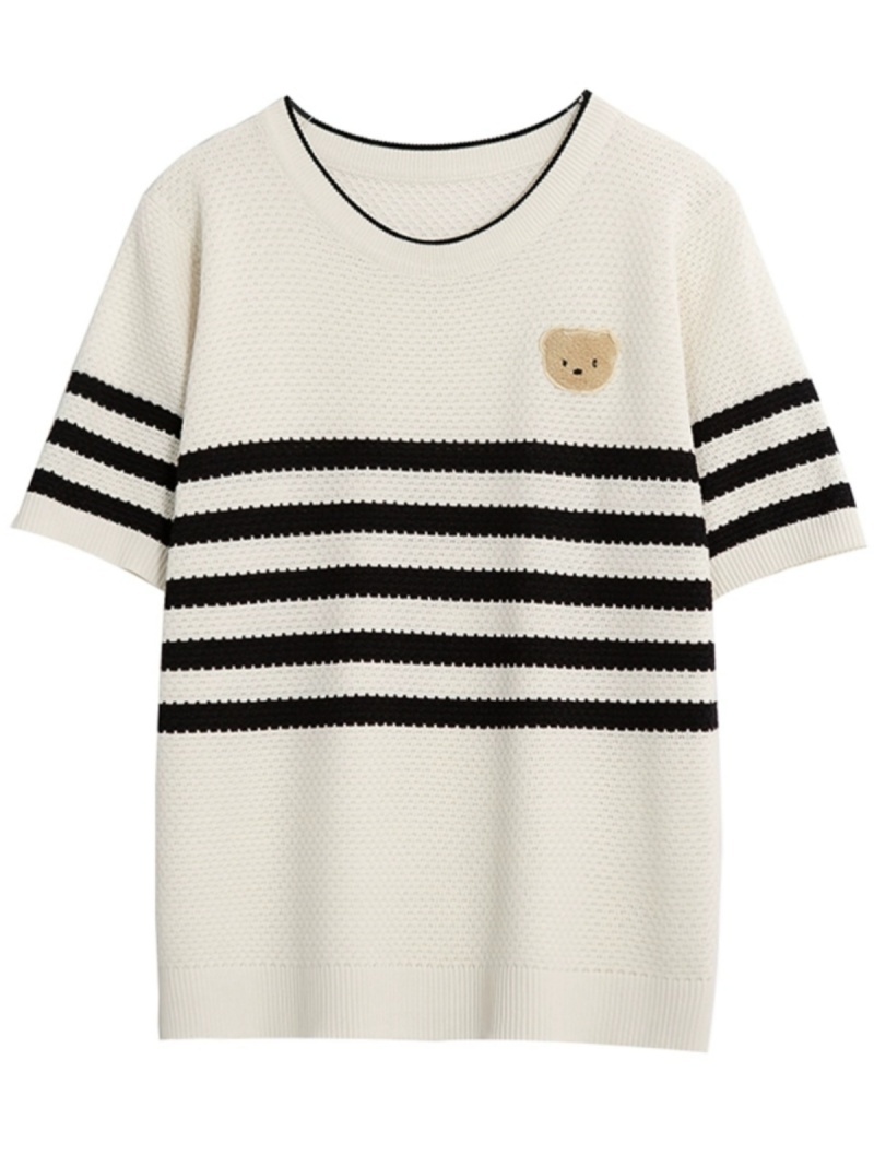 Sella Fashion  Women's Short Sleeve Round Neck Summer Top | Casual Korean Fashion | Cute Bear Patch Striped Knit Tee
