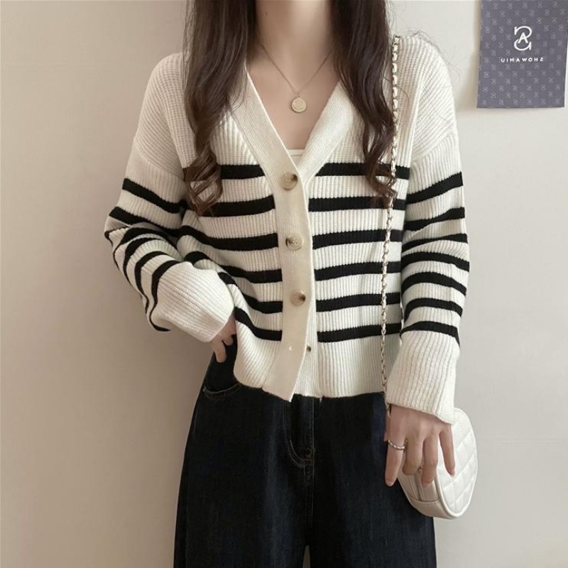 Stella Fashion Women Long Sleeve Striped Knit Cardigan Korean Style Lo