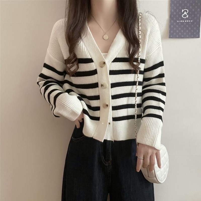 Stella Fashion Women's Striped Knitted Cardigan | Brown & Cream Casual V-Neck Long Sleeve Outerwear-Stella's Fashion