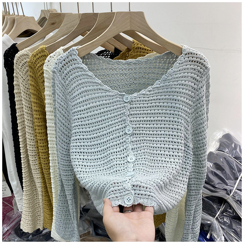 [Stella Fashion]  Summer New Hollow Knitted Cardigan Women's Long-Sleeved Outer Sunscreen Mesh Small Blouse Jacket Short Top .-Stella's Fashion