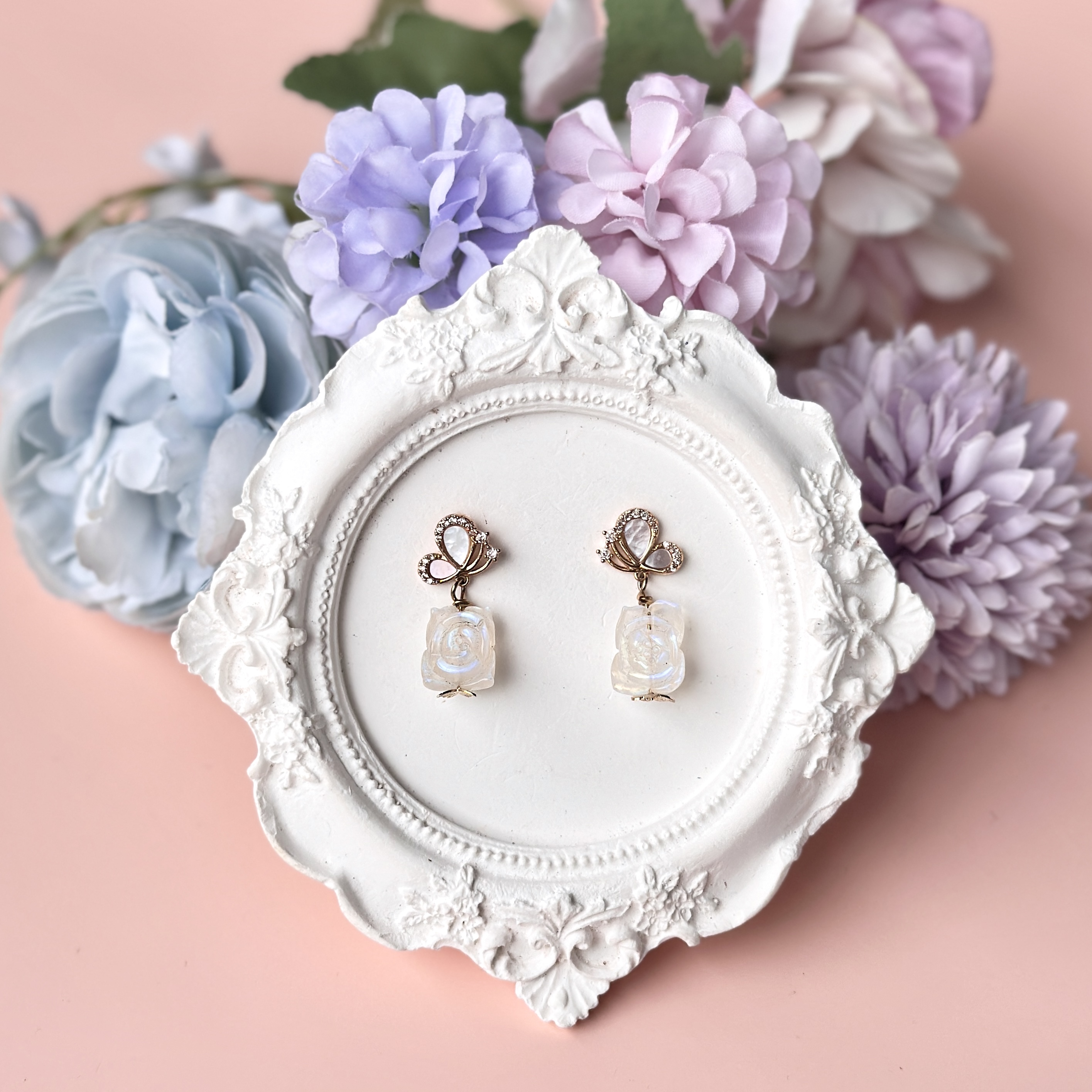 Blue Sheen Moonstone Rose with Butterfly Stud