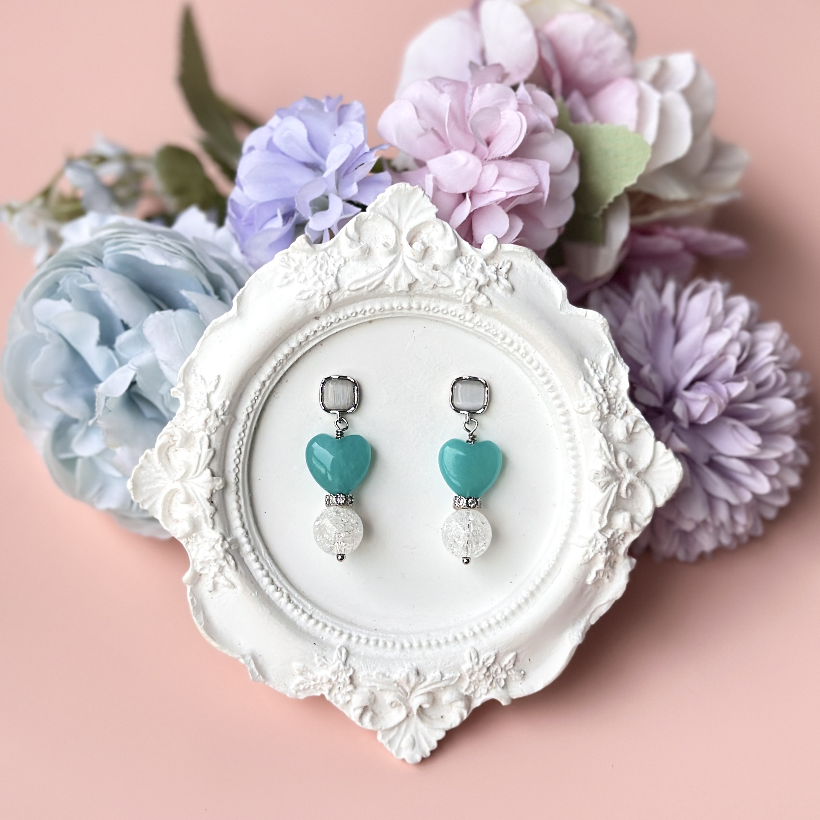 Amazonite Heart with Crackled Clear Quartz Earring