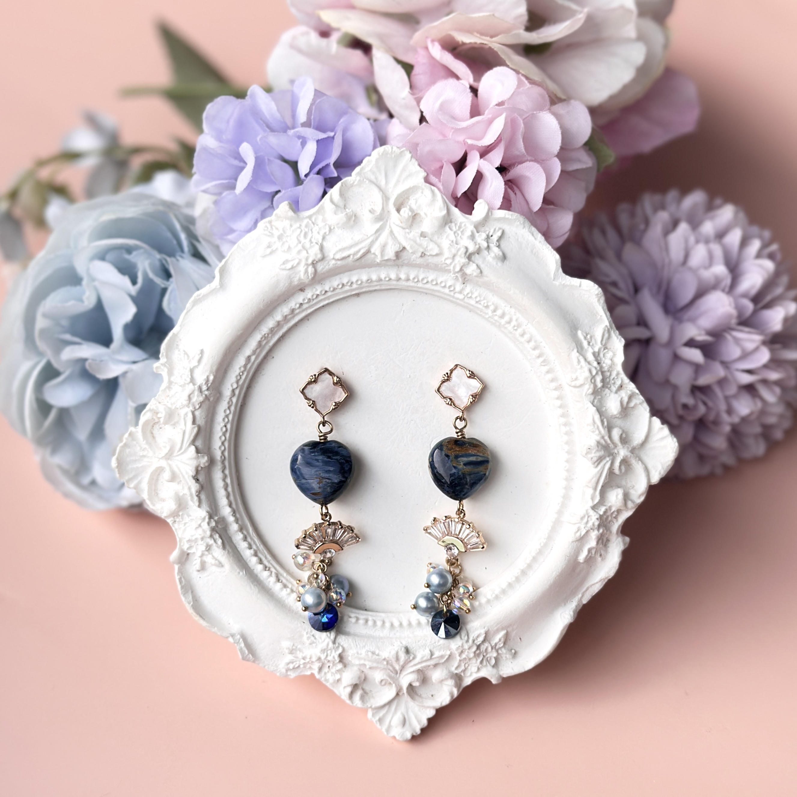 Winter Collection - Premium Pietersite Heart with Crystal Fans Earring