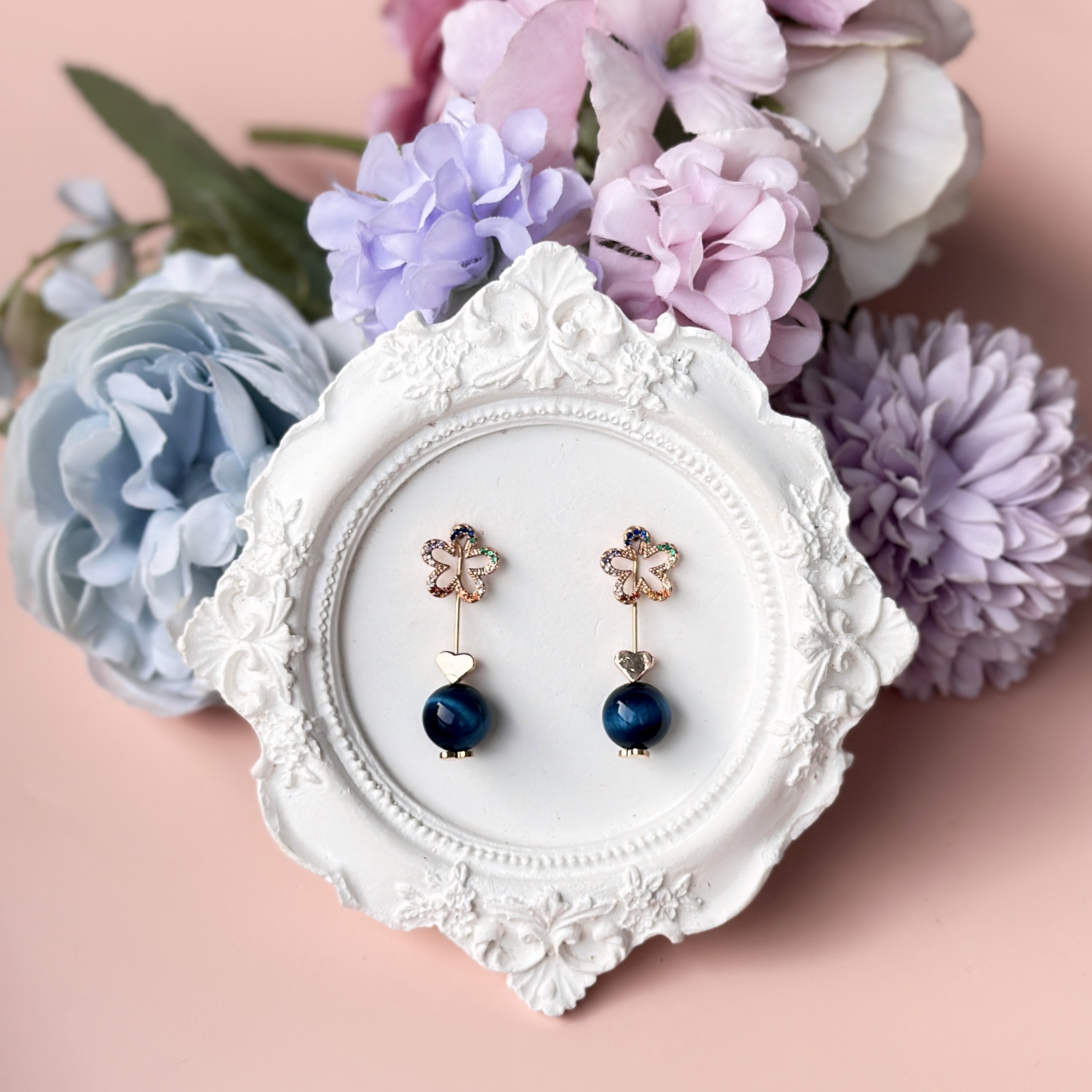 Blue Tiger Eye with Gold Flower Studs Earring