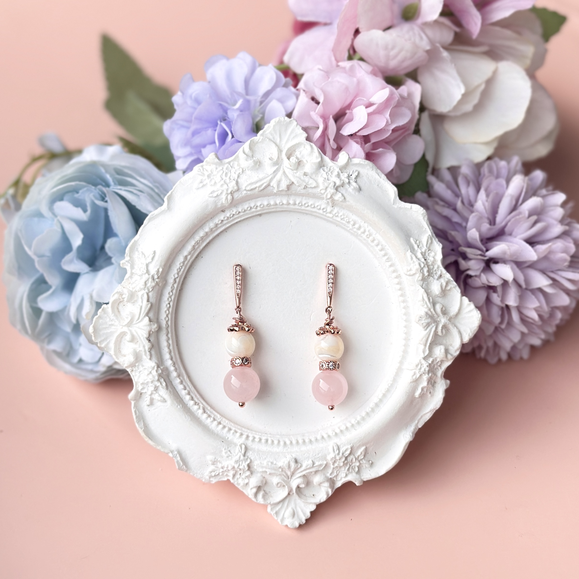 White Shell Pearl with Madagascar Rose Quartz Earring