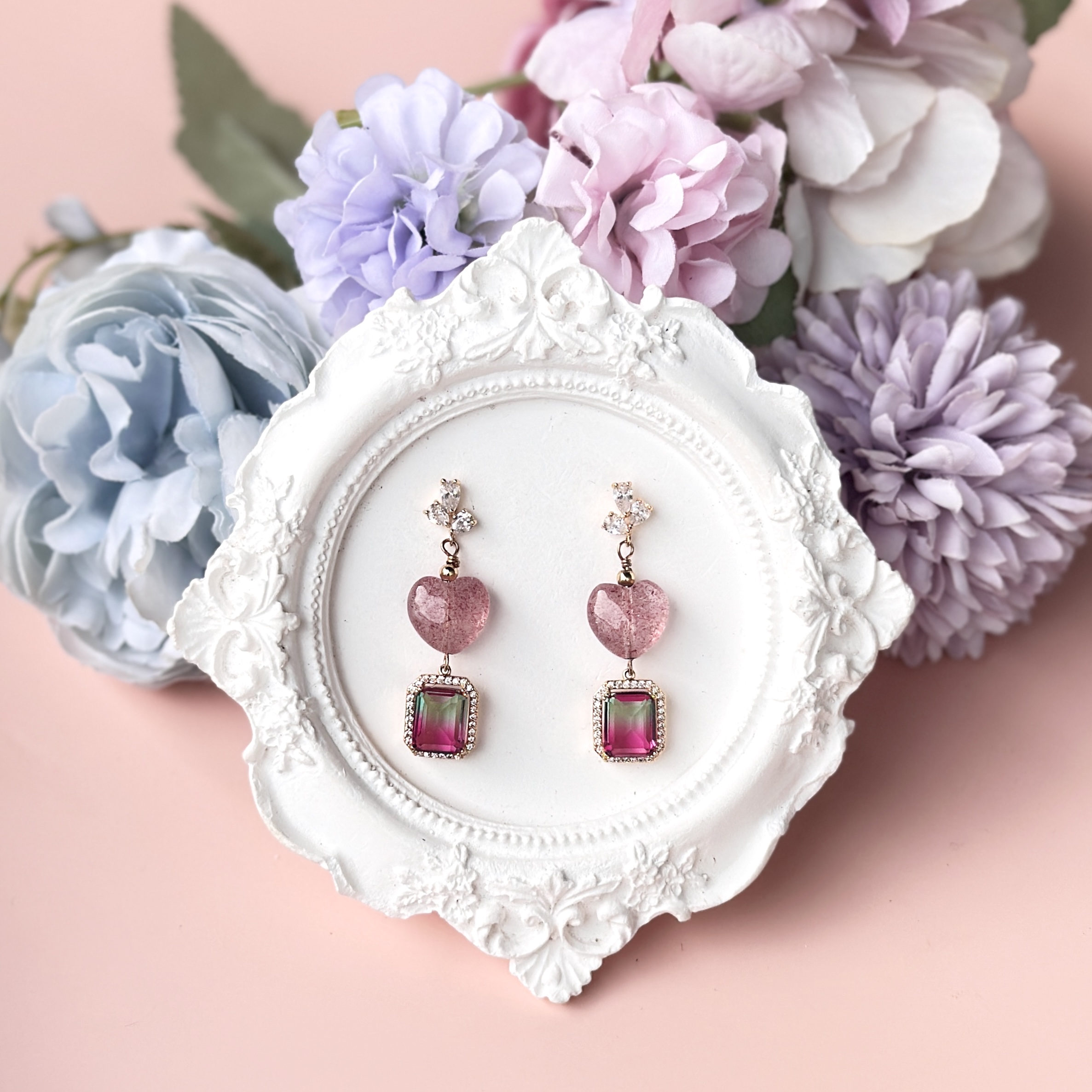 Strawberry Quartz Heart with Watermelon Ombre Rectangle Earring