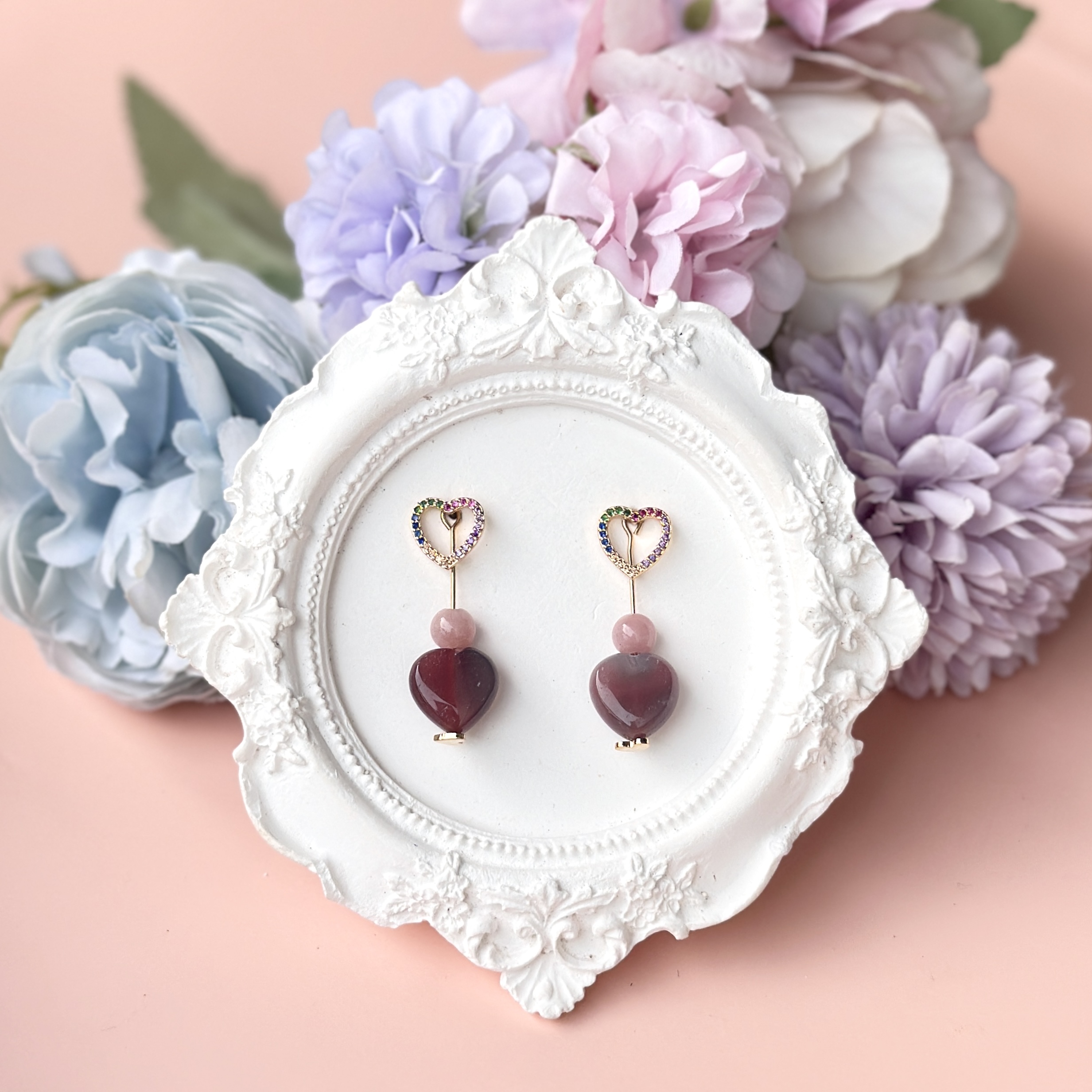 Yan Yuan Agate with Rainbow Heart Studs