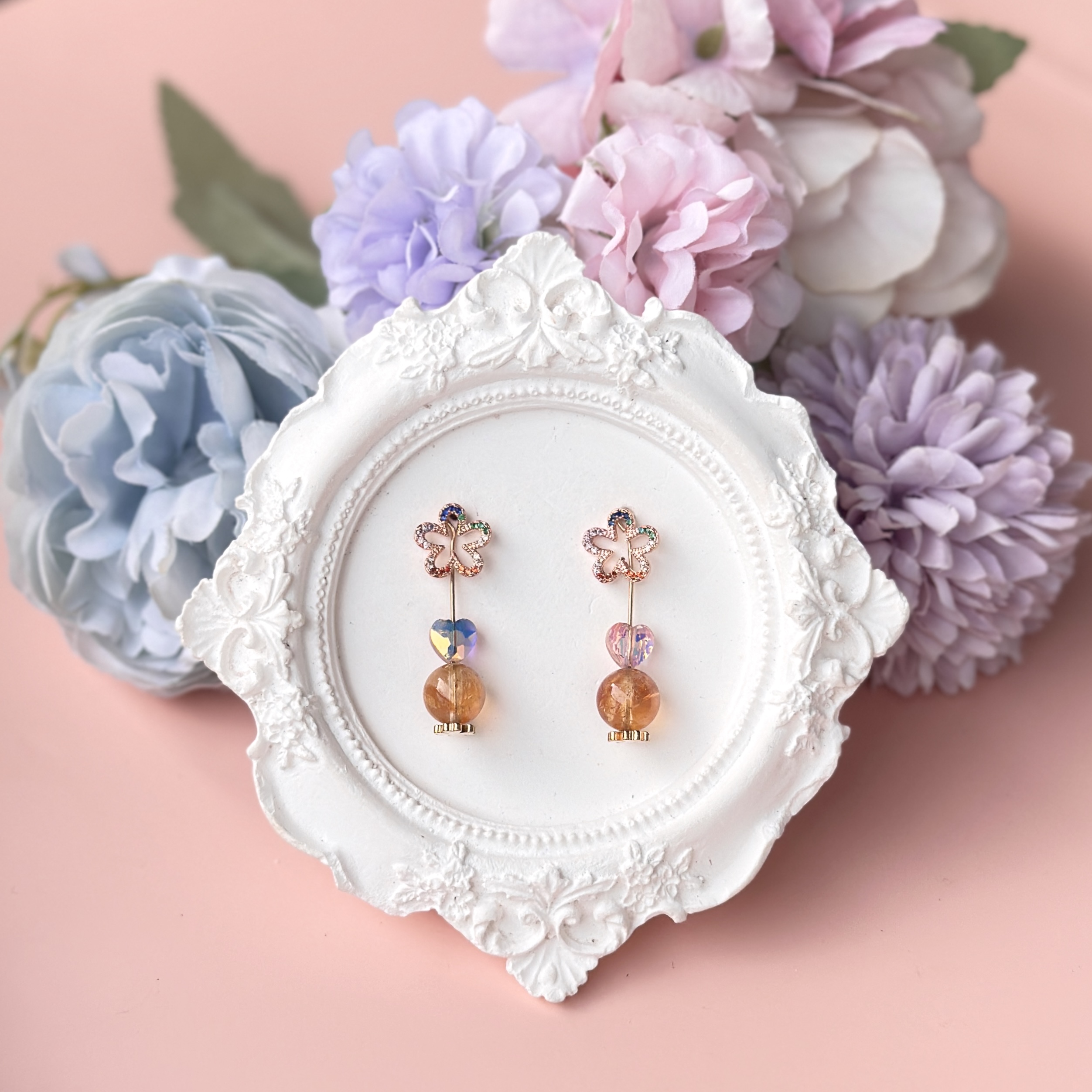 Brazil Citrine with Gold Flower Studs Earring